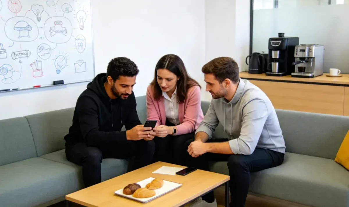 Trois personnes consultent un téléphone sur un canapé, devant un tableau couvert de croquis
