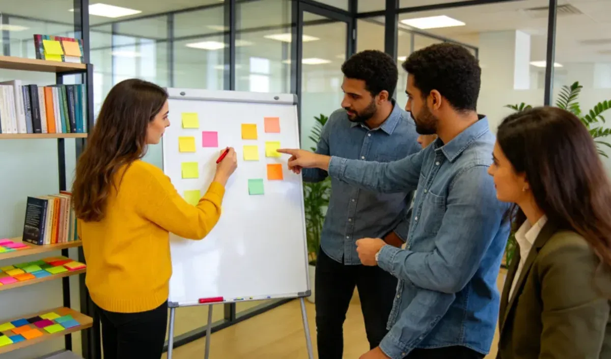 Quatre personnes placent des notes adhésives sur un paperboard dans un bureau vitré